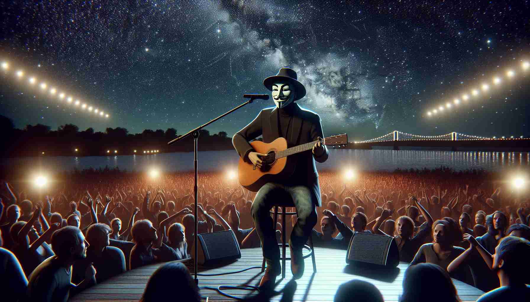 A realistic, high-definition photo showcasing an anonymous, iconic folk musician delighting the audience with timeless hits under a starlit sky. He is on stage with a guitar, and the enraptured crowd sways to his melodies. The night sky, vibrant with twinkling stars, forms a captivating backdrop while the concert takes place in an open-air setting.