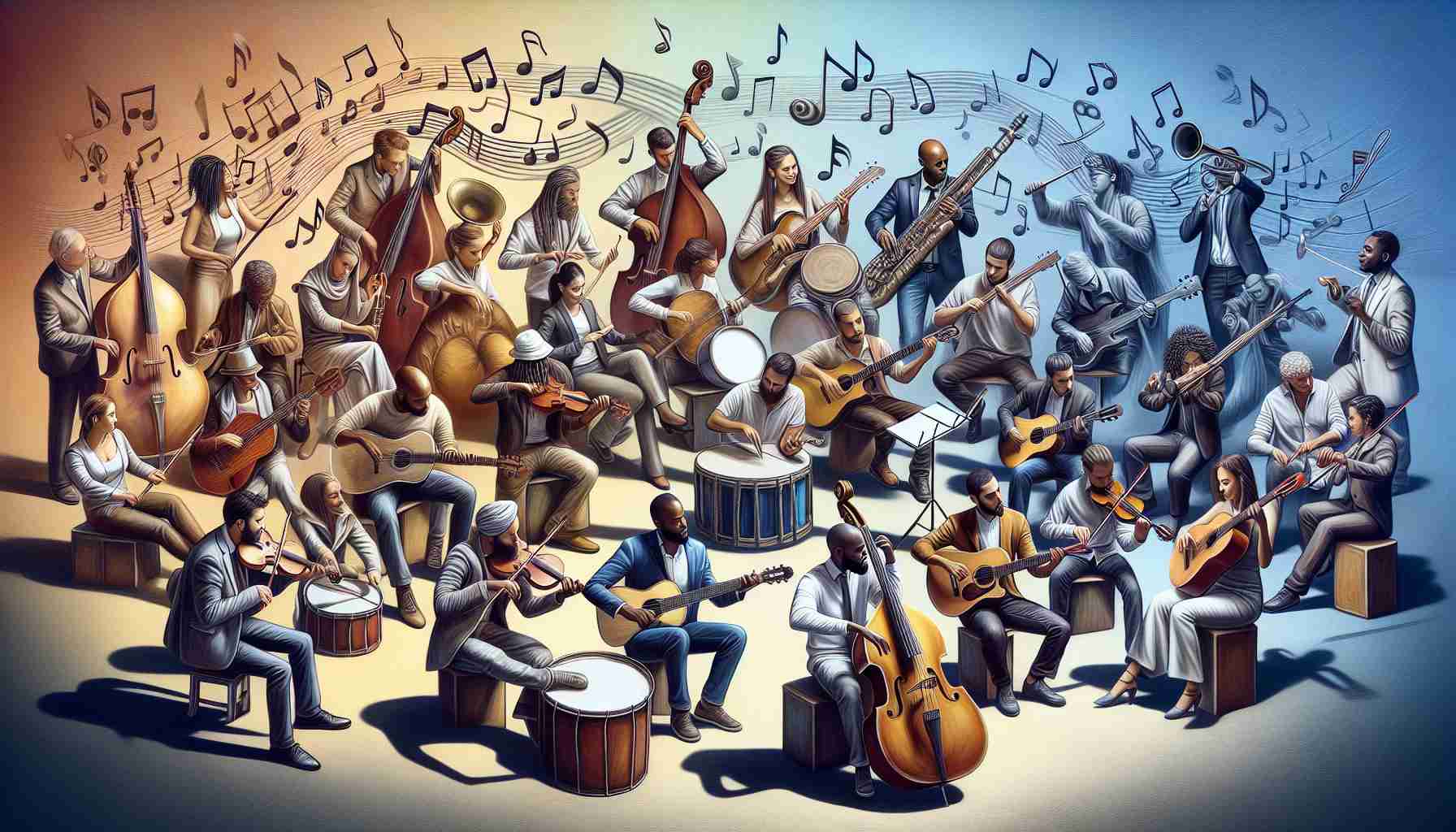 An HD photo effect illustration that personifies the unity achieved through music. It explores a diverse group of individuals passionately playing different musical instruments, each from different descents, such as Caucasian, Black, Hispanic, Middle-Eastern, and South Asian. They are unified by a single melodious tune that they generate as a group, using instruments from various genres. The scene fosters a sense of mutual respect, harmony and deep connection among the players, serving as a powerful metaphorical representation of unity. Make sure the artwork is realistic and vivid.