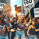 A dynamic and high-resolution image depicting an energetic street scene, where a diverse group of music enthusiasts are passionately rallying. They hold up various hand-made signs, calling for fairness in concert ticket pricing amidst ongoing controversies. There are a Caucasian female and Black male in the forefront, both wearing music band T-shirts, while a Hispanic woman and Middle-Eastern man are fervently gesturing as part of the protest in the backdrop. They are captured in a heated yet peaceful discourse, encapsulating the essence of advocacy for equitable music entertainment economics.