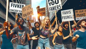 A dynamic and high-resolution image depicting an energetic street scene, where a diverse group of music enthusiasts are passionately rallying. They hold up various hand-made signs, calling for fairness in concert ticket pricing amidst ongoing controversies. There are a Caucasian female and Black male in the forefront, both wearing music band T-shirts, while a Hispanic woman and Middle-Eastern man are fervently gesturing as part of the protest in the backdrop. They are captured in a heated yet peaceful discourse, encapsulating the essence of advocacy for equitable music entertainment economics.