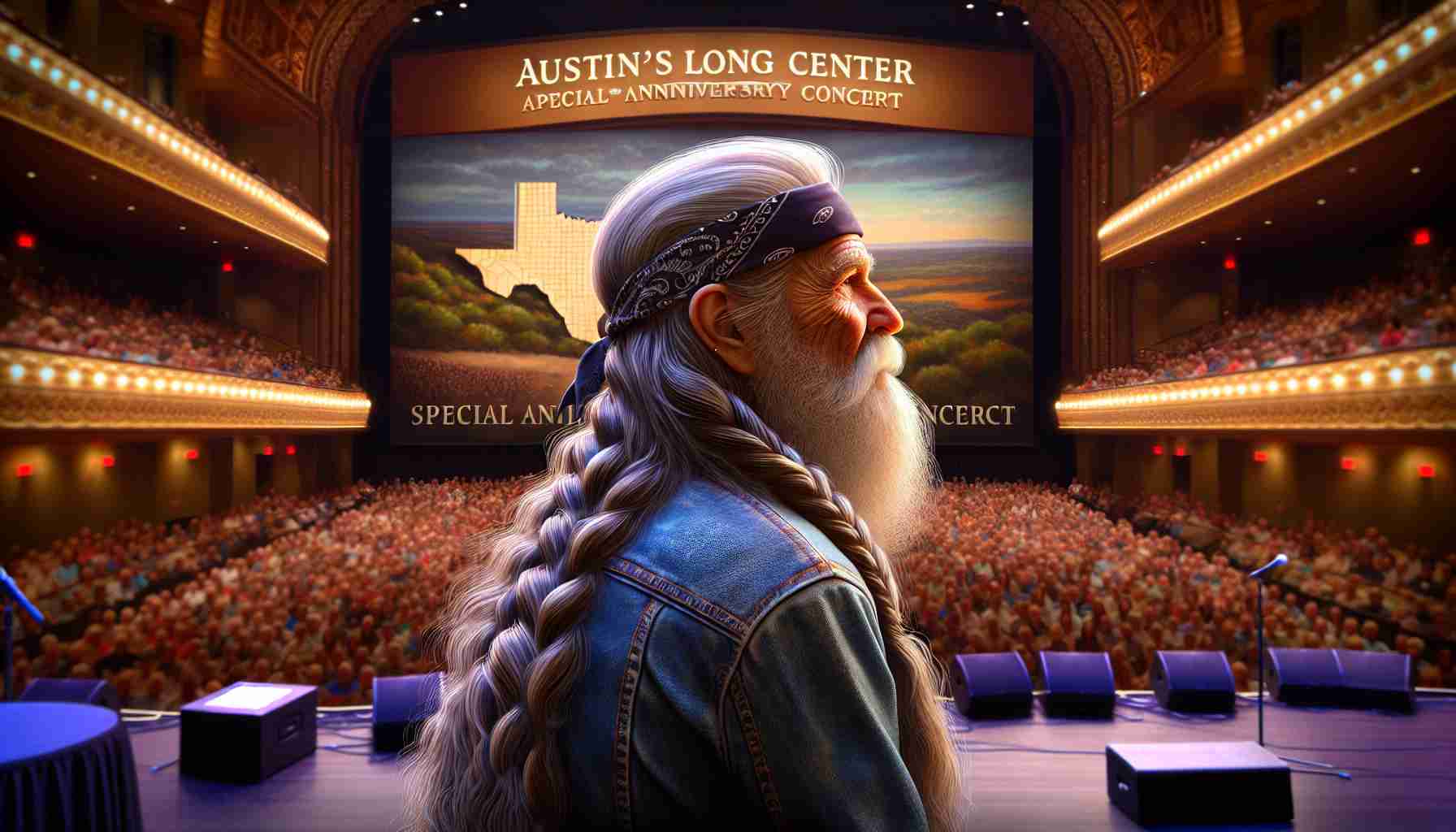 A realistic, high-definition image of an elderly, long-haired country artist as he prepares to perform a special anniversary concert. The artist is recognized for his long braided hairs and bandana. He is on a well-lit stage, with the Austin’s Long Center's intricate architecture in the background. The crowd in front eagerly awaits the performance.