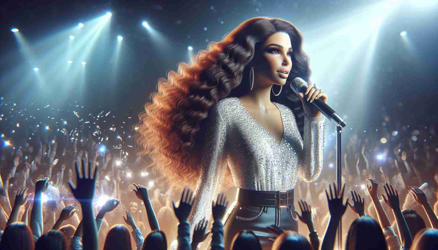 Realistic high-definition image of a popular female pop singer with brunette hair and notable style, who's adding an extraordinary twist to her 2025 music tour schedule. Picture shows her on stage surrounded by bright lights and cheering fans with excitement and anticipation brewing in the air.