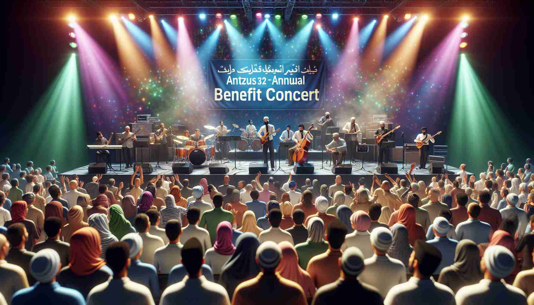 A high definition, ultra realistic image displaying a lively Annual Benefit Concert. The stage is vibrant with multicolored lights, and musicians of varied descents such as Caucasian, Hispanic, and Black play assorted instruments passionately. The foreground audience, composed of a diverse mixture of Middle-Eastern, South Asian, and White men and women energetically enjoys the music. Banners in the background extensively and clearly indicate that the concert's purpose is to raise funds for research into rare skin conditions.