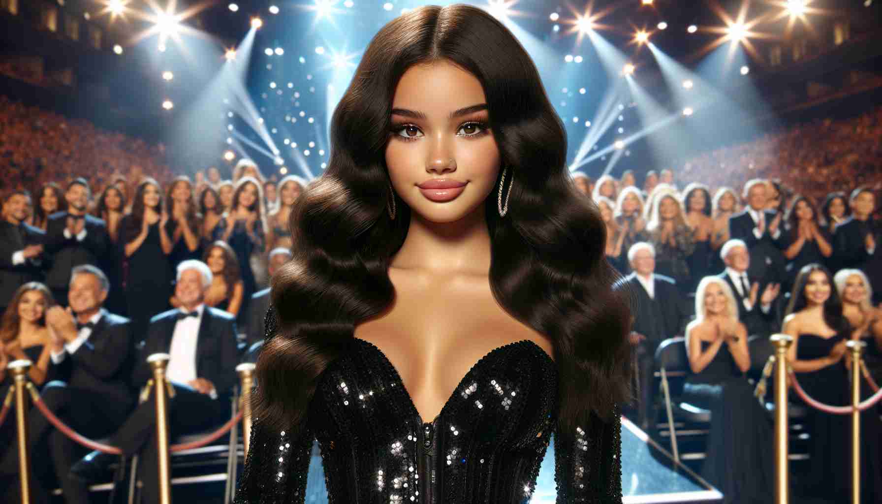 A realistic high-definition image of a young, Hispanic female singer shining in a black sequined ensemble at a star-studded event. She is elegantly dressed with long wavy dark hair, and her makeup is done tastefully. The event is brightly lit with a multitude of stars and celebrities in the background.