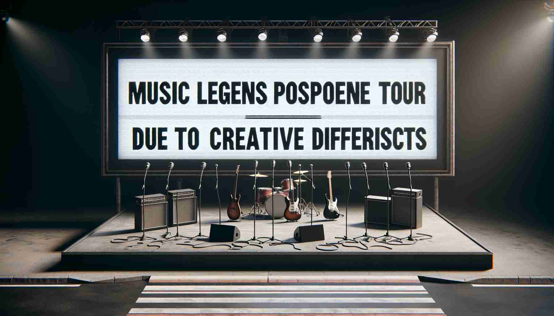 Realistic high definition image depicting a headline that reads 'Music Legends Postpone Tour Due to Creative Differences'. The background could be an abstract depiction of a concert stage with empty microphones, guitar stands, and a vacant drum set suggesting the absence of musicians. The text should be bold and visible, perhaps appearing on a large billboard or digital display.