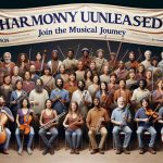 High-definition, realistic image featuring a banner titled 'Harmony Unleashed: Join the Musical Journey' accompanied by a group of diverse musicians coming together from Dickinson Community Ensemble. There are a mix of male and female musicians with varying descents: from Caucasians and Hispanics to blacks, Middle-Easterns, and South Asians. The ensemble includes a variety of instruments such as violins, cellos, flutes, trumpets, and drums, capturing a sense of harmony and unity.