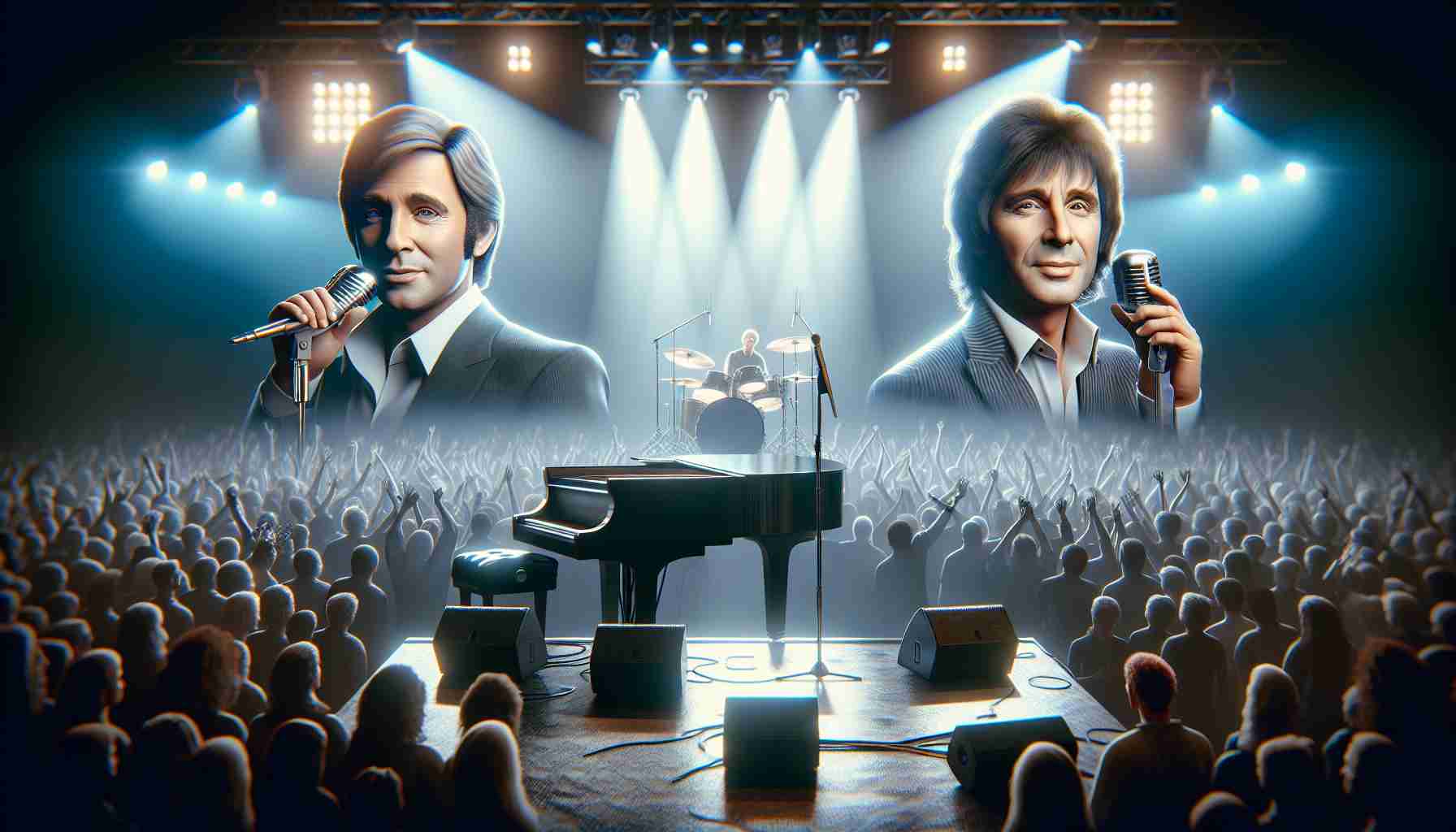 Realistic HD photo of a new concert date set for a performance by two legendary male pop musicians. One musician is characterized by his piano skills, known for his ballads and pop tunes. The other is noted for his unique vocal style and fusion of rock, jazz, and world music. The backdrop of the image is filled with anticipation and excitement, featuring a concert stage bathed in dynamic lighting with microphones and instruments set up and ready.