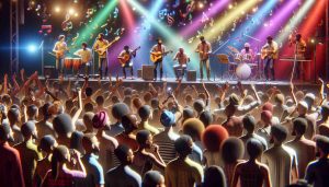 A high-definition, realistic representation of an exciting weekend of live music in the Bay Area. The scene captures a variety of persons from different descents like Caucasian, Asian, Black, and Hispanic, both males and females, enjoying the electric atmosphere. Instruments fill the air with music while multicolored lights splash across the lively crowd. A diverse set of musicians play on stage, poignant melodies emanating from their instruments under the shifting lights. The essence of bustling excitement and the joyous energy of live music resonate throughout.