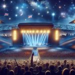 Create a realistic HD image of a hypothetical concert setting: 'Experience the Ultimate Music Journey: A British Rock Band Live in the UK 2025!' The scene should include a sprawling sea of excited fans under a night sky filled with dazzling star-shaped lights, a grand stage swathed in hues of blue and yellow, a band with vibrant presence, and some iconic British landmarks on the horizon.