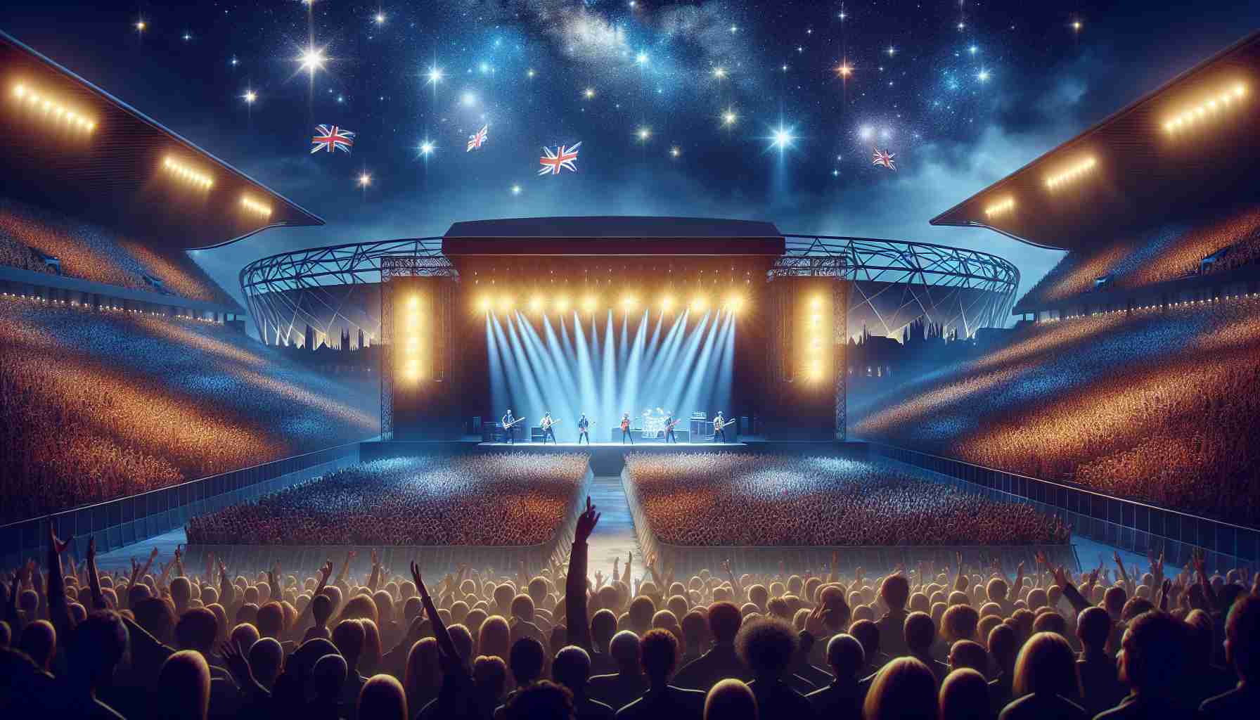 Create a realistic HD image of a hypothetical concert setting: 'Experience the Ultimate Music Journey: A British Rock Band Live in the UK 2025!' The scene should include a sprawling sea of excited fans under a night sky filled with dazzling star-shaped lights, a grand stage swathed in hues of blue and yellow, a band with vibrant presence, and some iconic British landmarks on the horizon.