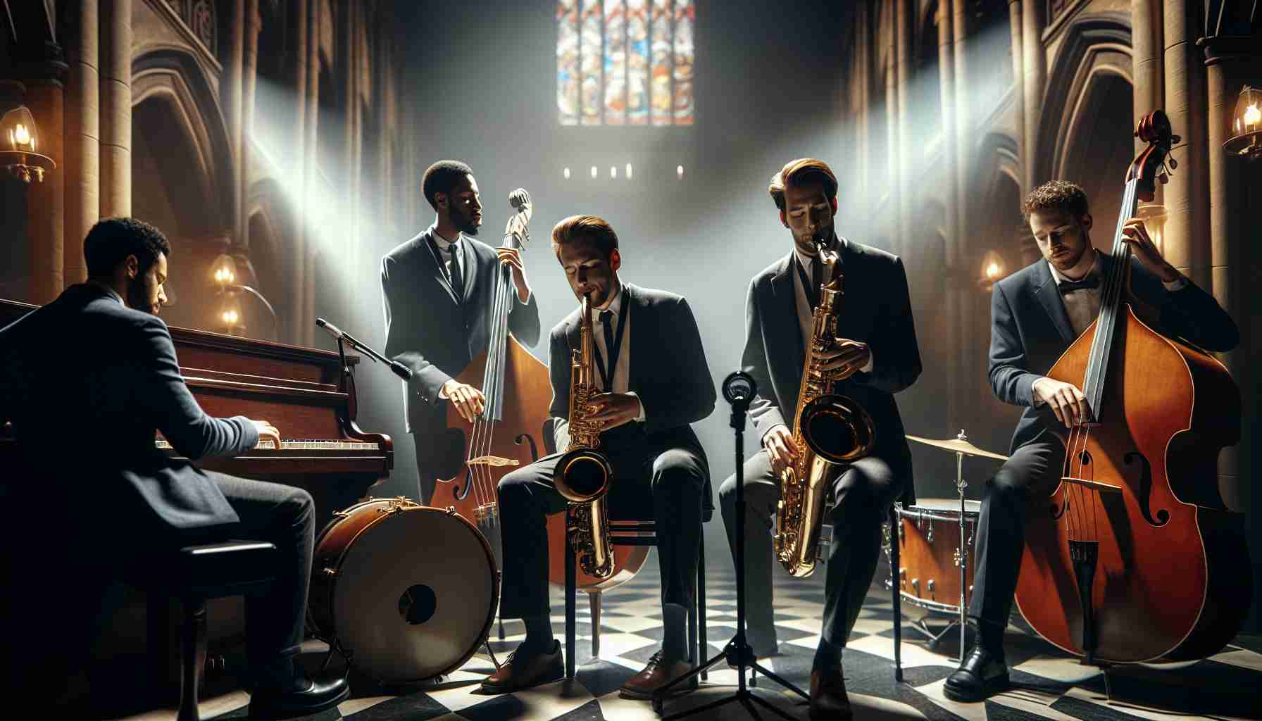 Realistic HD photo of a jazz quartet performance in a gothic-style church setting. The quartet includes a saxophonist, a pianist, a double bass player, and a drummer. They are all focused and engaged in their performance, some eyes closed as they feel the rhythm, others subtly moving to the beat. Various lighting inside the church creates a dramatic and contrasting image of this musical event.