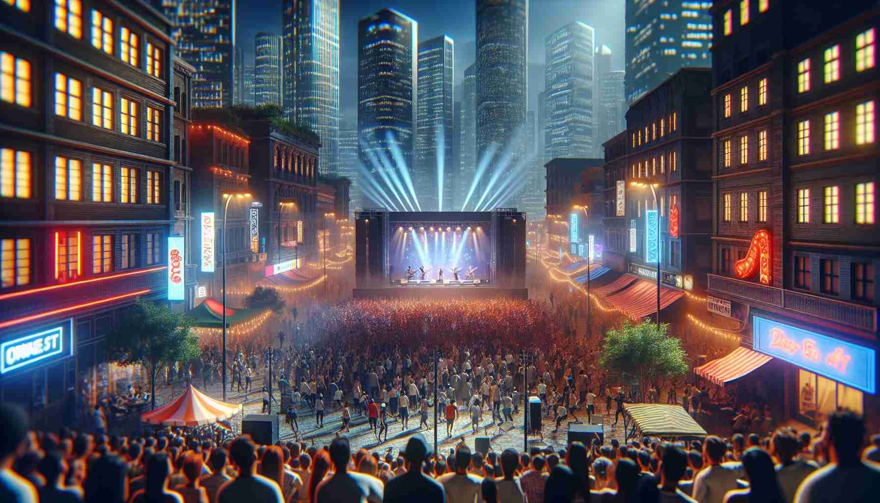 High-definition, realistic portrayal of a lively music festival taking place in the heart of a bustling city. The scene captures numerous concert attendees of various descents and genders, entranced in the melodies. Bright city lights illuminate the surroundings, with skyscrapers serving as the backdrop. The stage is vibrantly lit with an array of colored lights, giving life to the musicians passionately performing their sets. Eateries and shops line the streets, adding to the urban festival experience. The overall mood is electric and exhilarating.