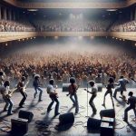 An high-definition, realistic image of an empowering rock revolution concert taking place at a classic state theatre. The stage is brimming with passionate performers, with men and women of diverse descents like Hispanic, Caucasian, Black, and South Asian represented equally. They are all energetically playing their instruments while the crowd, filled with thousands of people, are wildly cheering and clapping. The atmosphere is electric, vibrant with the spirit of equality and freedom.