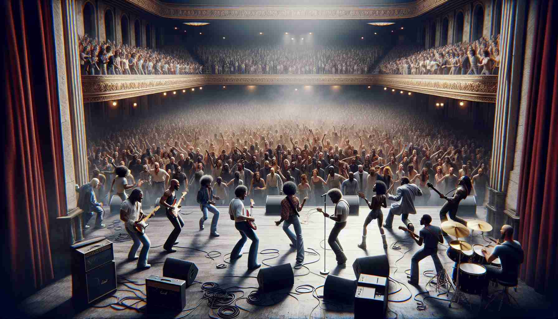 An high-definition, realistic image of an empowering rock revolution concert taking place at a classic state theatre. The stage is brimming with passionate performers, with men and women of diverse descents like Hispanic, Caucasian, Black, and South Asian represented equally. They are all energetically playing their instruments while the crowd, filled with thousands of people, are wildly cheering and clapping. The atmosphere is electric, vibrant with the spirit of equality and freedom.