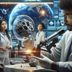 An ultra-high-definition, realistic portrayal of a significant moment of scientific revelation related to the origins of Earth's meteorites. The scene depicts a team of diverse scientists in a laboratory, including a Hispanic woman and a Black man, uncovering the enigmas of these extraterrestrial remnants. There might be a magnification of a meteorite showing its intricate details. The lab environment is sophisticated, equipped with state-of-the-art technology, and illustrative models of the solar system.