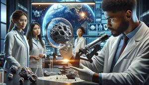 An ultra-high-definition, realistic portrayal of a significant moment of scientific revelation related to the origins of Earth's meteorites. The scene depicts a team of diverse scientists in a laboratory, including a Hispanic woman and a Black man, uncovering the enigmas of these extraterrestrial remnants. There might be a magnification of a meteorite showing its intricate details. The lab environment is sophisticated, equipped with state-of-the-art technology, and illustrative models of the solar system.