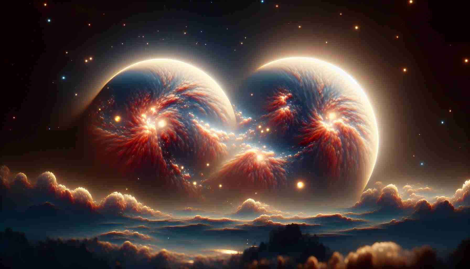 Generate a realistic, high-definition image of an astronomic scene where twin celestial bodies, unlike any that exist in our known universe, are being discovered. These bodies should look unusual and unique with a fantastical quality, hinting at the strangeness of unexplored space.