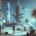 Generate a high-definition realistic image illustrating the impact of new environmental regulations on the plans for a rocket launch by a generic space exploration company. The scene should depict a large rocket on a launch pad, with various personnel discussing blueprints and holding paperwork that represents new environmental guidelines. The setting is coastal with palm trees nearby, under a clear blue sky. Utilize muted shades of blue and grey to convey the serious nature of the situation.