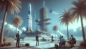 Generate a high-definition realistic image illustrating the impact of new environmental regulations on the plans for a rocket launch by a generic space exploration company. The scene should depict a large rocket on a launch pad, with various personnel discussing blueprints and holding paperwork that represents new environmental guidelines. The setting is coastal with palm trees nearby, under a clear blue sky. Utilize muted shades of blue and grey to convey the serious nature of the situation.