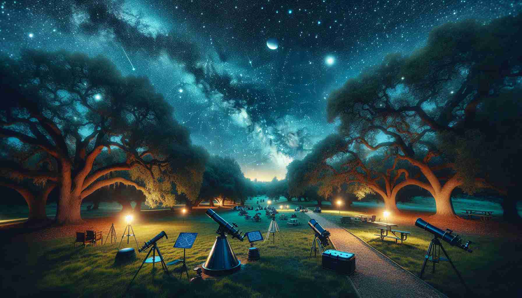 Generate a realistic, high-definition image of a thrilling opportunity to explore the night sky at a regional park similar to Oak Grove. The scene should feature various astronomical equipment like telescopes and star maps placed strategically around the verdant park area. Capture the enchanting, dark canvas of the evening sky brimming with twinkling stars, constellations, and potentially even visible drifting satellites or fleeting shooting stars. The park environment should be calm and inviting with tall, mature oak trees and soft, cool lighting, enhancing the overall nocturnal atmosphere for stargazing.