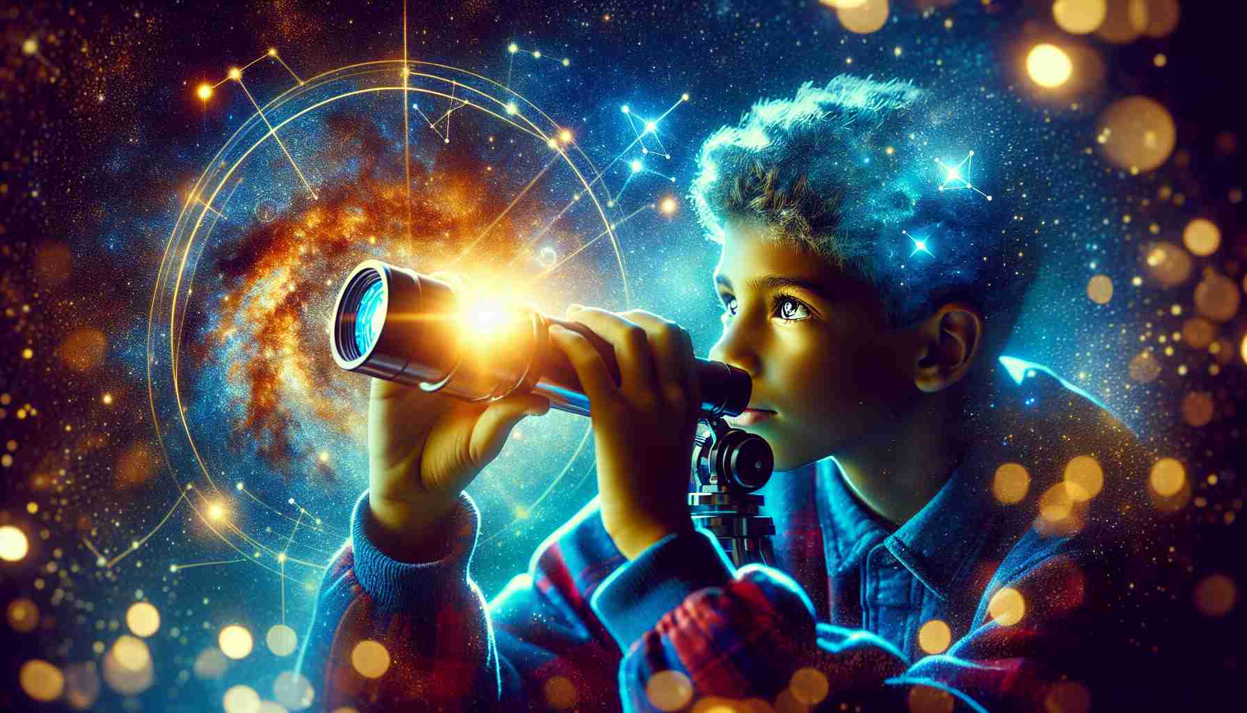 A vibrant, high definition image of a young stargazing enthusiast, possibly of Hispanic descent, embarking on a celestial journey. The scene should highlight them surrounded by a starry night sky, their awe clearly etched upon their face as they gaze through a telescope. Capture the glow of the night sky reflecting in their eyes, depicting the sense of wonder and thrill of discovery. Represent the start of their journey with a clear intent towards space exploration, providing a sense of their young age and impressionable enthusiasm. Perhaps also incorporate concepts of astronomy such as star charts, constellations, or a telescope in the image.