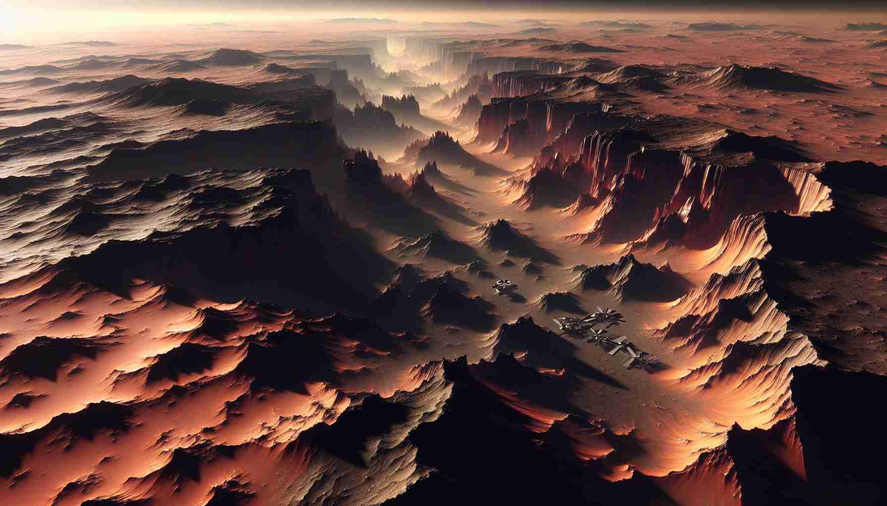 A high-definition, realistic image showcasing the exploration of the mysterious Valles Marineris on Mars. The image should capture intricate Martian landscapes, immense size of the canyon, and potentially scientific equipment or robotic explorers sent by humanity for exploration. The reddish hue of the Martian soil, the darkness of the crevices, and the contrast of the bright Martian sky should be well depicted. The atmosphere should emanate a sense of wonder, curiosity, and the sheer scale of extraterrestrial exploration.