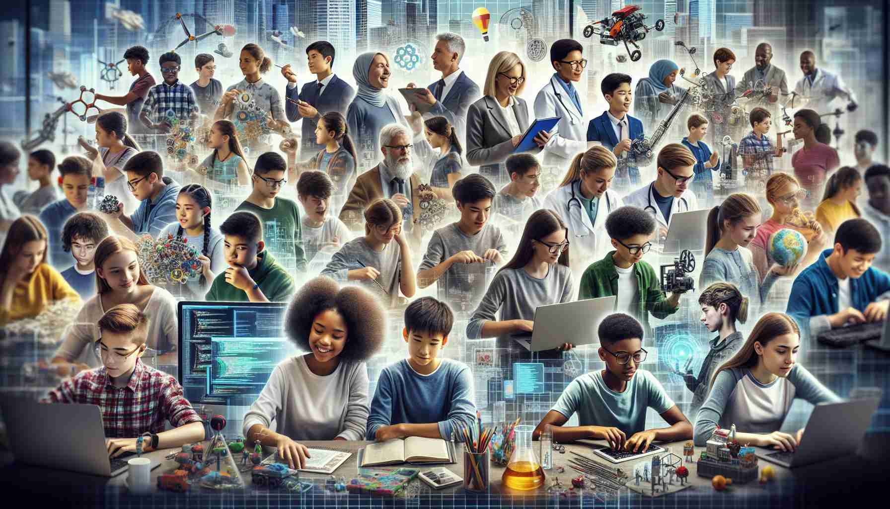 High-definition, realistic portrayal of a diverse group of students engaging in STEM education. These students of various descents, including Caucasian, Hispanic, Black, Middle-Eastern, and South Asian, are passionately participating in a variety of activities such as coding on computers, conducting scientific experiments, designing mechanical structures, and solving complex mathematical problems. Also depict signs of economic growth in the background such as thriving businesses, innovative infrastructures, and advanced technologies to highlight the connection between STEM education and economic development.