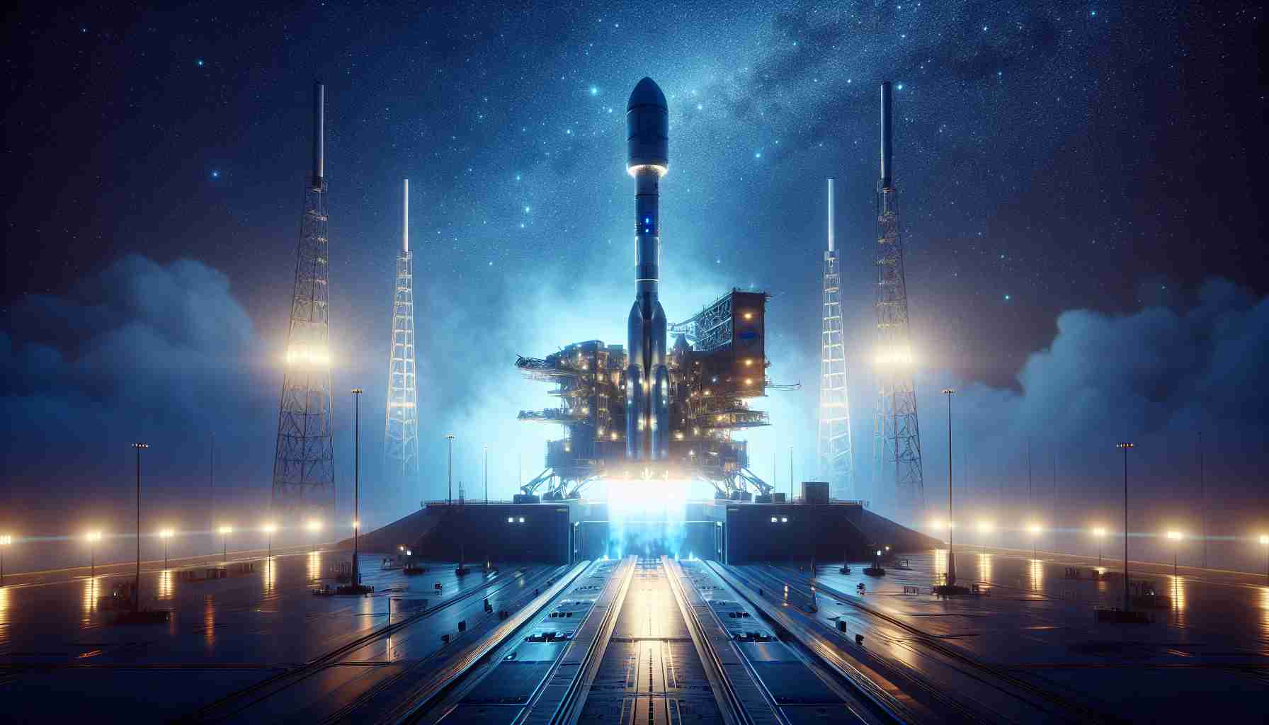 Generate a high-definition, realistic image of a pioneering space mission, signifying new possibilities. The scene should depict the moment just before spacecraft launch: the state-of-the-art spacecraft sitting on a launch pad underneath a deep blue sky peppered with stars. The light from the glowing mission control room in the background reflects off the spaceship. This isn't just another launch, but a pivotal moment in human history with advances in technology opening doors to hitherto uncharted territories of space.