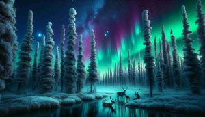 Captivating high-definition image portraying the entrancing mysteries of the wild northern landscapes. The picture includes towering alpine trees covered in a layer of frost, as aurora borealis paints the star-studded night sky with shades of green and violet. A placid lake reflecting the ethereal lights completes the scene, while a family of white-tailed deers frolics in the foreground, their breath visible in the freezing night air. The image encapsulates the chilling serenity, untouched beauty, and the often harsh realities of life in the northern wilderness.