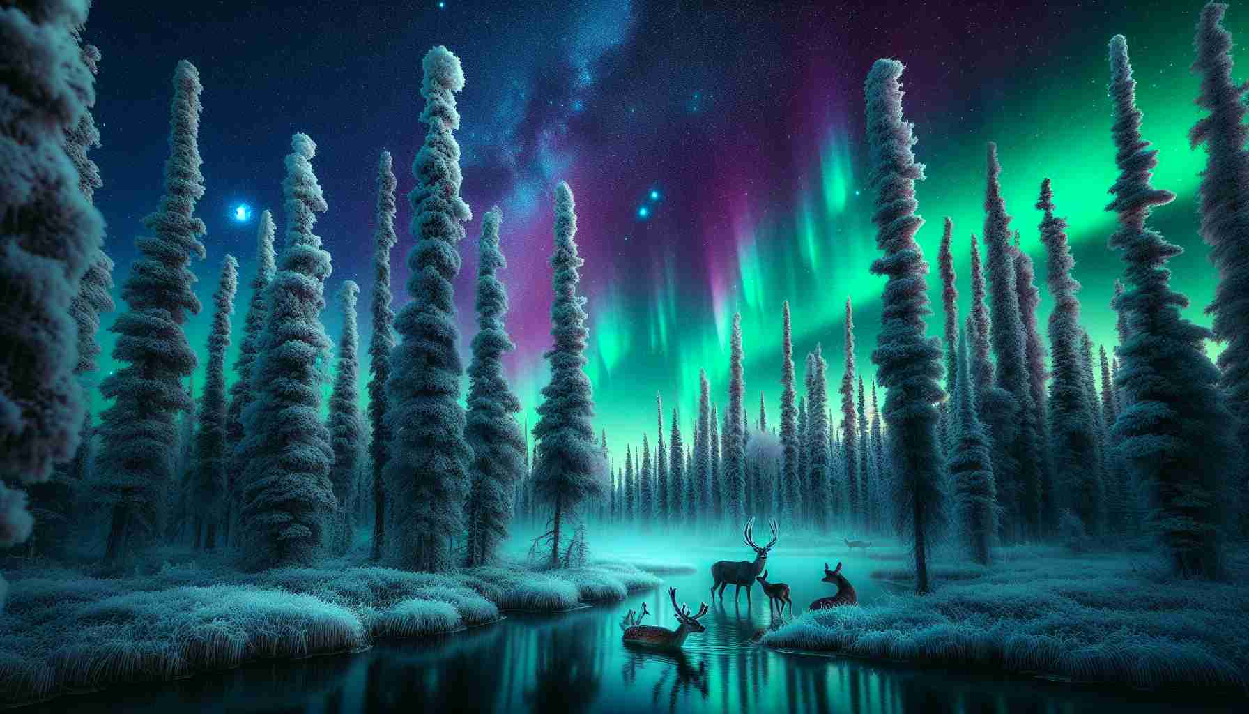 Captivating high-definition image portraying the entrancing mysteries of the wild northern landscapes. The picture includes towering alpine trees covered in a layer of frost, as aurora borealis paints the star-studded night sky with shades of green and violet. A placid lake reflecting the ethereal lights completes the scene, while a family of white-tailed deers frolics in the foreground, their breath visible in the freezing night air. The image encapsulates the chilling serenity, untouched beauty, and the often harsh realities of life in the northern wilderness.