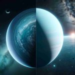 Generate a high definition realistic artwork showing a view of the planet Uranus from both Earth and outer space. Visualize the image as two separate scenes side by side. One part to reveal Uranus as viewed from an earthly perspective, perhaps through a powerful telescope - capturing its pale cyan atmosphere and distant glow. The other half to depict an astronaut's perspective from space - capturing the magnificence of the gas giant against the backdrop of the cosmos, its rings and moons visible.