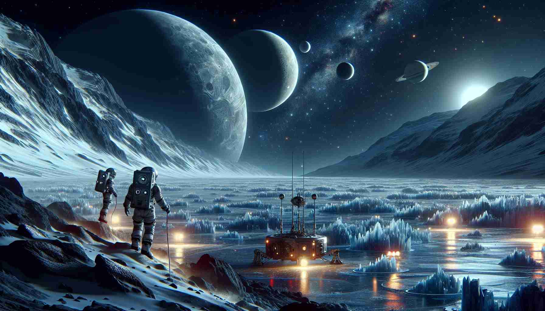 An astoundingly realistic high definition image portraying the exploration of mysterious oceanic worlds beyond the moon Europa. In this starlit scene, commendably brave astronauts from various descents in their futuristic space suits are investigating the icy surfaces of unknown moons or planets. Icy landscapes contrast against the infinite blackness of space, with planets hanging like ornaments in the distant backdrop. A spacecraft, beeping with radar signals, is seen floating in the foreground, with its lights casting a reflective glow on the ice. The great mystery and grandeur of the cosmos is all-encompassing.