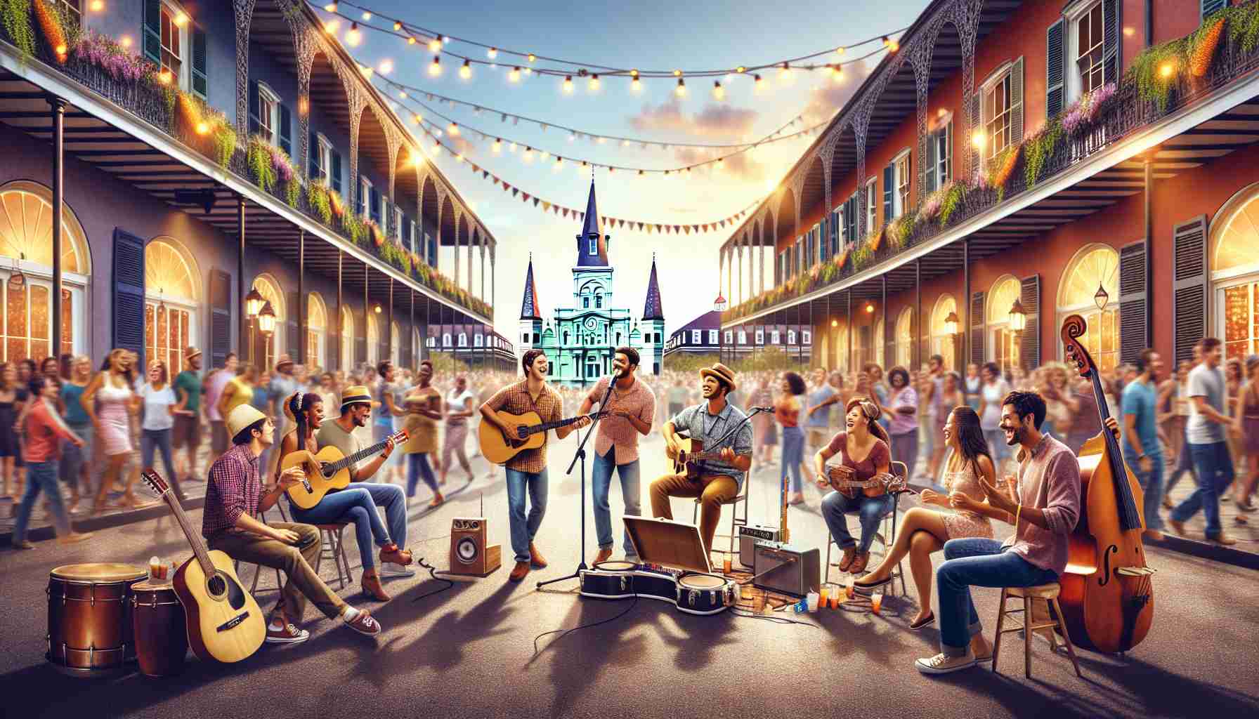 Create a realistic high-definition image that portrays the revitalized live music scene in New Orleans. This scene can be a vibrant street filled with happy people of various descents and genders enjoying music. There are musicians playing folk music complemented with the iconic architecture of the city in the background. Energy and joy are in the air.