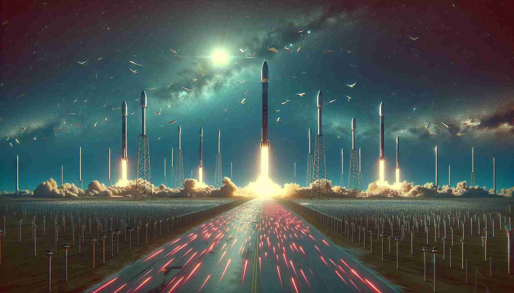 Generate a realistic, high-definition image depicting a scene where SpaceX is increasing the frequency of its rocket launches. Show several rockets either in the process of being launched or ready for launch, standing tall against a clear sky or the starlit expanse of space. Further enhance the scene with elements that suggest regulatory challenges - a network of red tape, signature-filled papers flying in the wind, or prominent warning signs - without specifying any real-world individuals or organizations.