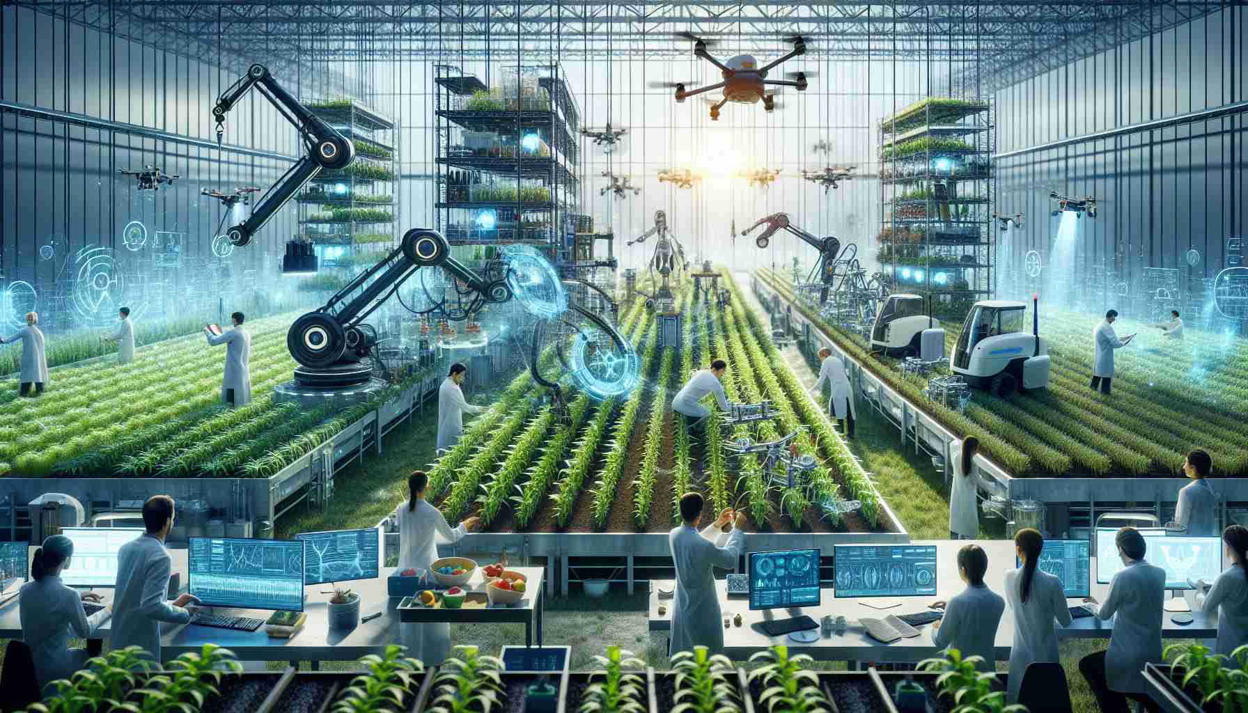 Generate a highly-detailed image that realistically captures a scene of revolutionizing sustainable agriculture through advanced research. The setting should be a state-of-the-art research laboratory, with scientists of varying genders and descents engaged in complex research tasks. Visualize cutting-edge technology such as Robotics, Automation, Drones, Vertical Farming Units being used for different agricultural tasks. Show these technologies being employed to test plant resilience, increase crop yields, or enrich soil health. The scene should promote the concept of sustainability, progress, and innovation in agriculture.