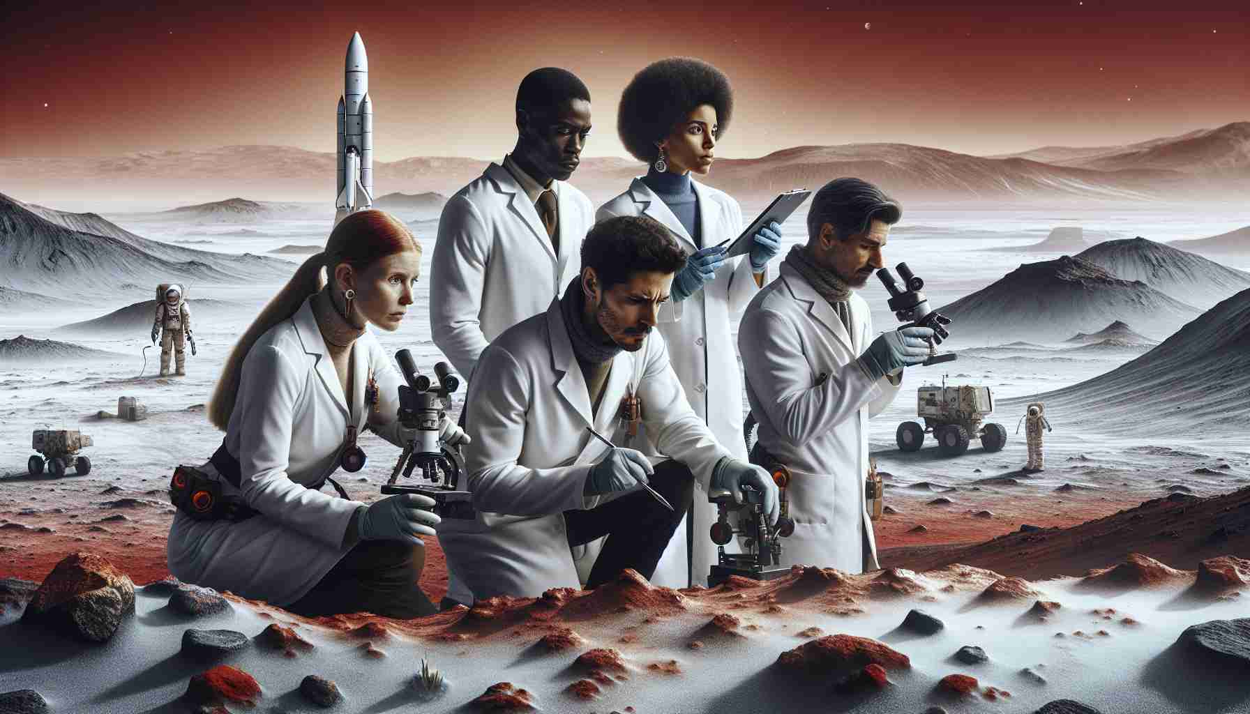 Create a high resolution, realistic image that portrays a diverse group of scientists, featuring a Caucasian woman, a Black man, a Hispanic woman, and a Middle-Eastern man, all equipped with advanced research instruments, exploring the ice sheets of Mars. The scientists are analyzing various potential life-sustaining factors such as the presence of water, temperatures, mineral content and the geographical makeup. The Martian environment around them is a desolate landscape with a red sky, icy terrain and the vast, cold emptiness of space beyond.