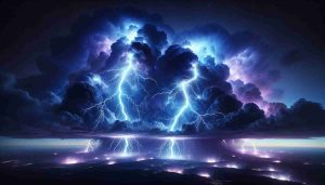 High-resolution realistic image showing a rare celestial event in which two lightning bolts strike the landscape simultaneously. The sky is filled with striking hues of deep blue and violet. Amidst the storm clouds, two bolts of bright electric blue lightning are shown striking down. The bolts light up the stormy sky, fascinating watchers on the ground with the breathtaking and potent display of natural power.