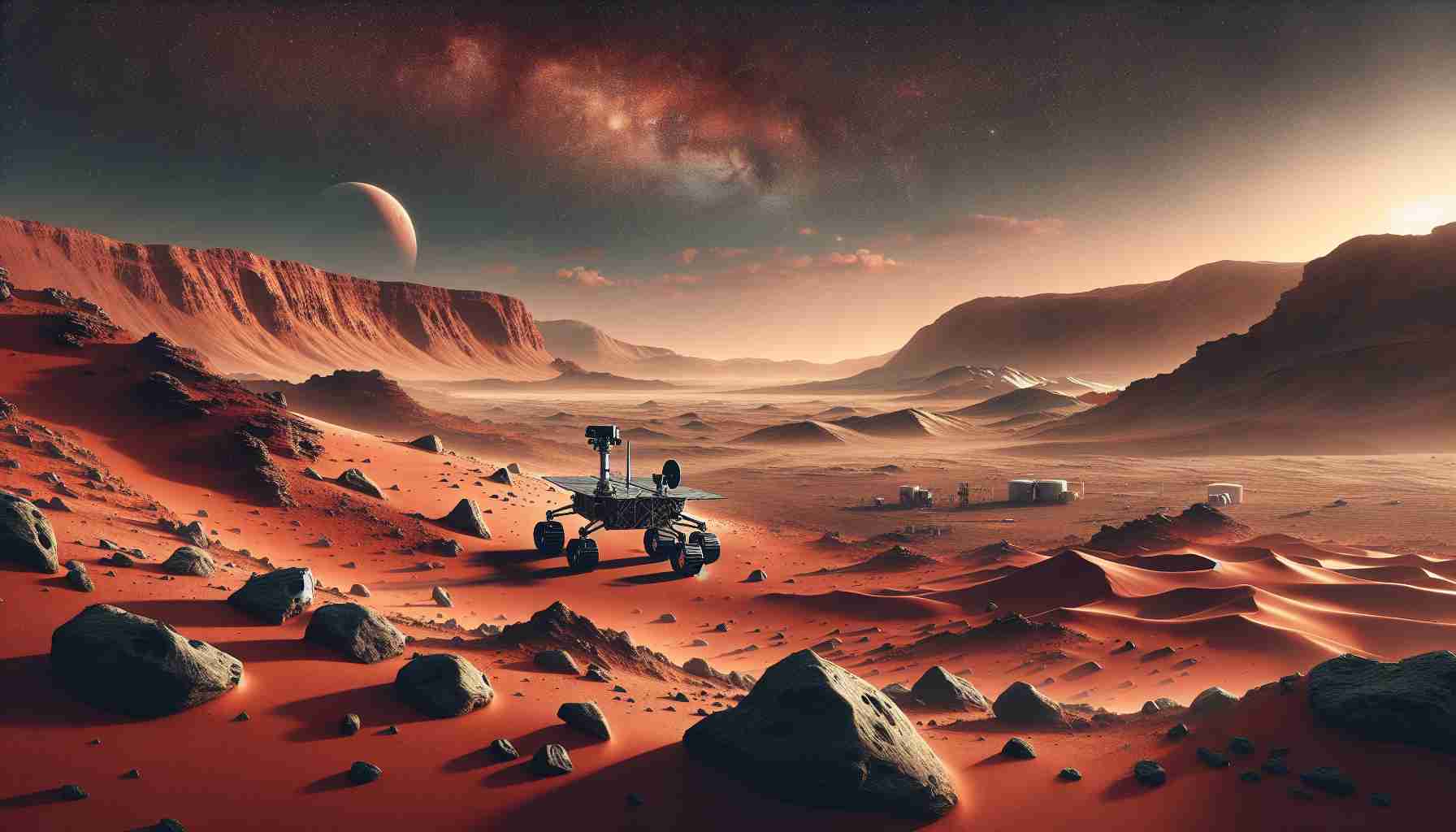 Create a realistic, high-definition image of an exploration scene on Mars. Showcase the captivating, dusty red landscape with its craters, sand dunes and mountains. Incorporate some scientific equipment like a rover or lander examining the Martian rock formations and soil. Let there be a clear view of the Martian sky with its thinner atmosphere, making the scene truly otherworldly.