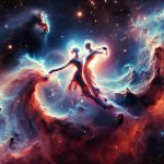 Generate a high-definition realistic image of an astronomical event titled 'A Stellar Ballet'. This depicts a cosmic dance of two celestial entities. Show them in a grand cosmic environment, swirling around each other, engaged in a dynamic cosmic dance. Display myriad vibrant colors typically found in nebulae surrounding them to underscore the energetic and otherworldly dance. Add the brilliance of countless stars in the background to highlight the vastness of space this ballet is set in.