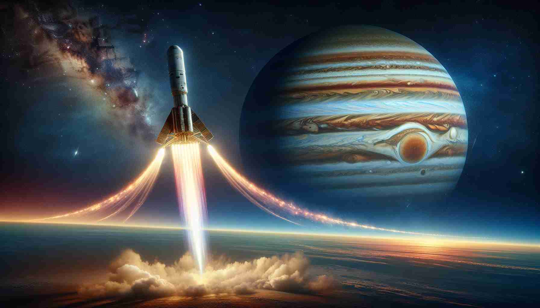 Realistic, high-definition image of a spacecraft called the Europa Clipper blasting off towards the distant realm beyond Jupiter. The sky is a magnificent gradient of colors as twilight turns into deep space, and streaks of fire and smoke from the spacecraft's liftoff trail behind it. Jupiter, recognizable by its massive size and distinct stripes, can be seen in the distance, while the nearby Europa Clipper is shown in full detail with intricate features and technology.