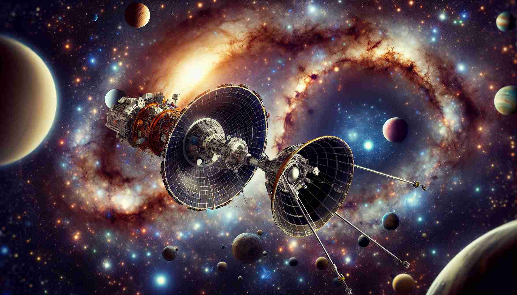 Generate a realistic, high-definition image of a space probe's journey of discovery. The spacecraft, styled as New Horizon, is en route to unknown celestial bodies, intended to unravel the mysteries of cosmic structures. Focus should be given to the intricate details of this voyage, capturing the immense scale and complexity of the universe. Planets, galaxies, nebulae, black holes, and other cosmic phenomena should be included in the view, creating a sense of awe, adventure, and scientific curiosity.