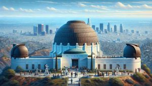 High-resolution, realistic depiction of the Griffith Observatory, known as a gateway to the cosmos. Picture captures its dome structure on a bright day, with people of diverse descents and genders in the foreground, peering into telescopes, and Los Angeles cityscape at the backdrop. Add depth to the scene by illustrating clear blue skies contrasted by a distant, hazy city skyline. Include details such as the observatory's popular exhibits, iconic architecture, and vibrant surrounding landscapes of the Griffith Park.