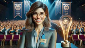 Realistic HD photo of a female innovator with medium length hair, glasses, and professional clothing, named Dr. Samantha. She is recognized for her Innovative achievement of the year, which is symbolized by a large, glowing trophy next to her. The setting is a prestigious award event with a large stage, celebratory banners, and an excited audience. She beams with accomplishment as she poses with her trophy.