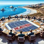 High-definition, realistic image showcasing a symbolic representation of the California Coastal Commission rejecting a proposal to expand solar energy farms. Depict a table with various people of different descents and genders engaged in a meeting with documents scattered about. One of the documents should be clearly labeled 'Solar Energy Farm Expansion Proposal' with a large red 'REJECTED' stamp across it. Provide a background of a picturesque Californian coastline to indicate the location. No specific individuals or identifiable characteristics should be depicted.