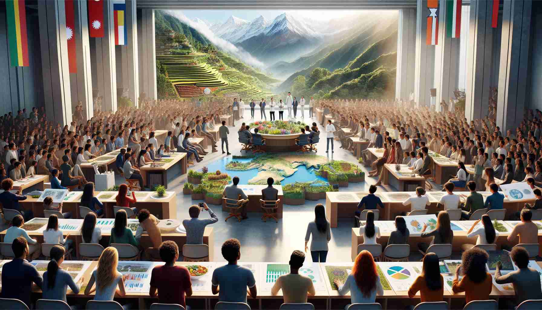 A high-definition, realistic image portraying the scene of an International Youth Summit in Nepal, where young individuals from various global descents, including Caucasian, Hispanic, Middle-Eastern, South Asian, Black and White participants, are actively engaged in discussions and exploration of innovative techniques for sustainable agriculture. The setting is an auditorium filled with enthusiastic youth, charts and models of sustainable farming techniques lay on display, and speakers from different genders and descents are giving thought-provoking presentations. The atmosphere is vibrant, charged with excitement for a greener future.