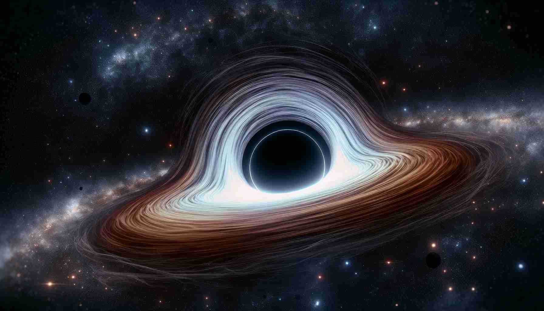 A hyper-realistic, high-definition image illustrating the enigmatic nature of black holes. The vastness of space with myriad stars surrounds the central point of attraction: a large, looming black hole, its gravitational pull distorting the light and matter around it in a spiralling accretion disk. Cosmic gas and dust being engulfed into the darkness provide a sense of chaos and an unsettling calm. Captivating phenomenon of the universe, symbolic of the immense power and unknown aspects held within cosmic entities.