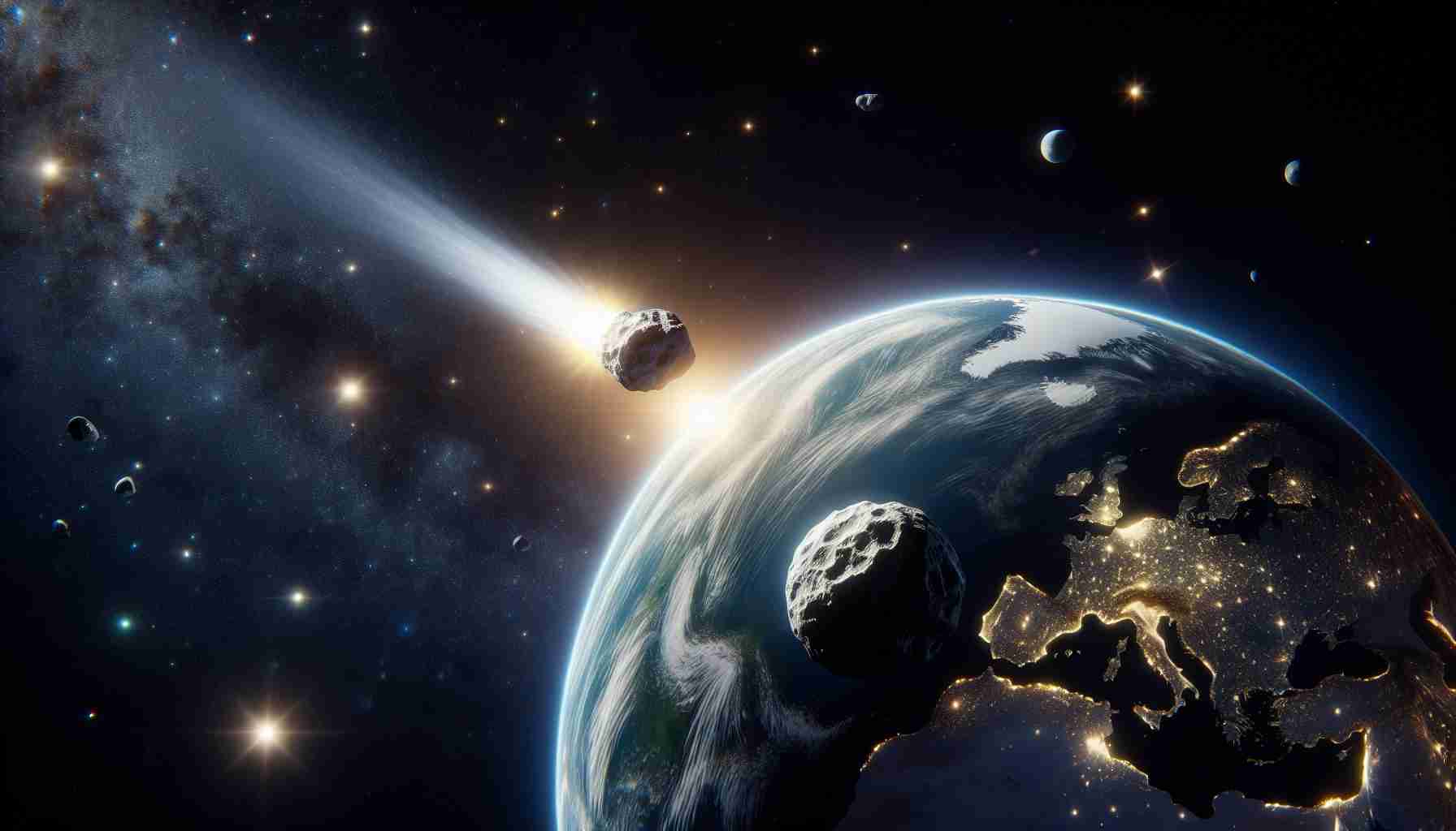 Create a high-definition, realistic image of a rare celestial object, such as a comet or an asteroid, meandering through Earth's neighborhood. The celestial object should be brightly lit and clearly visible against the backdrop of space, with nearby planets, moons, and constellations seen at a distance. The Earth should be visible, but not overshadowing the celestial visitor. Light from the celestial object should subtly illuminate any nearby celestial bodies, creating a dramatic, cosmic landscape.