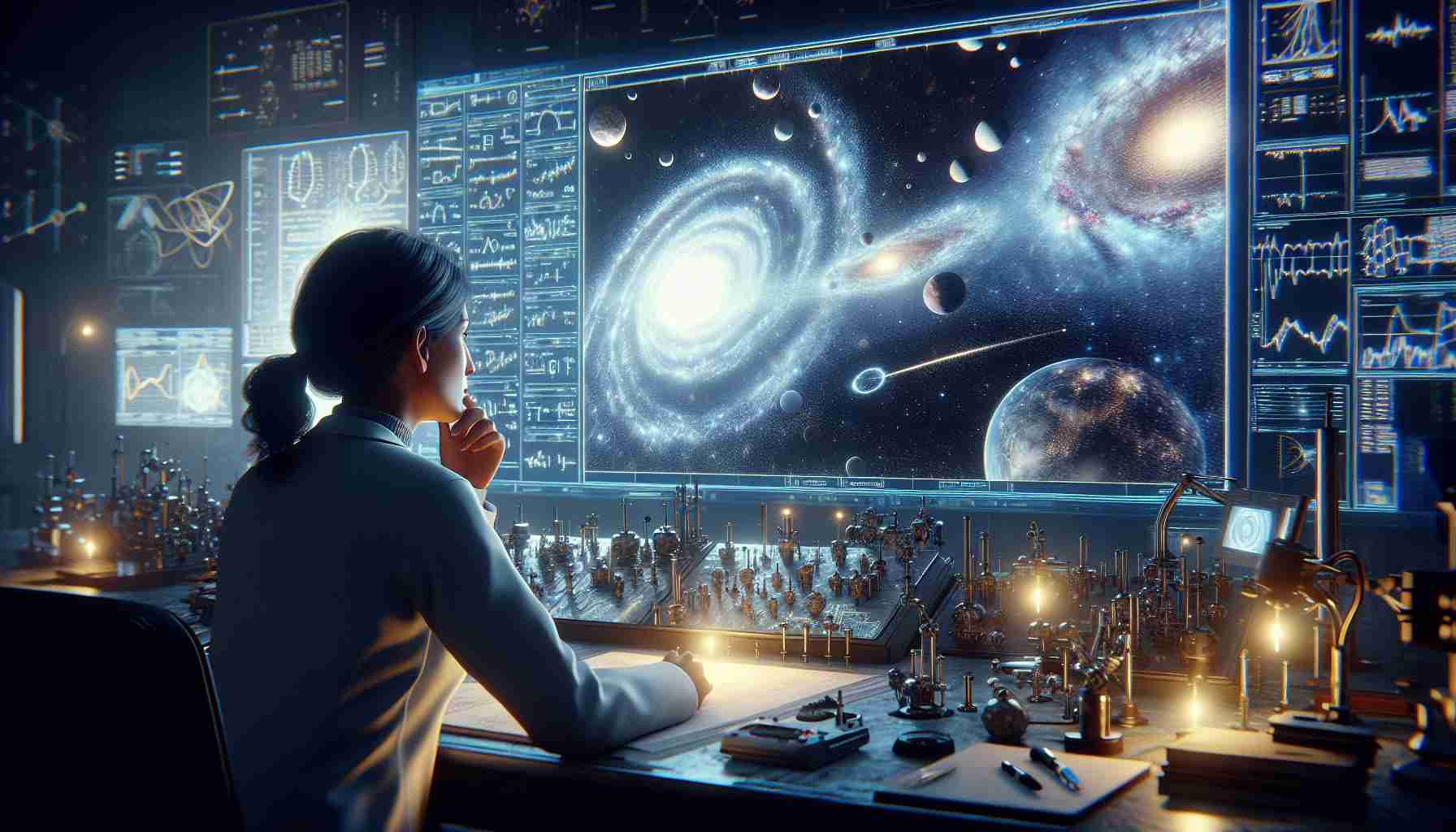 Highly detailed and realistic image depicting the unprecedented discovery by an astrophysicist. Showcase a diverse array of scientific instruments and a large monitor displaying complex celestial data. The scene unveils a new era in astrophysics, with groundbreaking insights symbolized by new celestial bodies or complicated formulae on whiteboards. The astrophysicist, a Hispanic woman, can be seen in awe of her discovery. Her face is lit by the soft glow of the monitor screen, indicating the beauty of this scientific breakthrough.