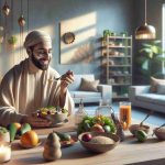 A high-definition, realistic image illustrating the concept of mindful eating for enhanced well-being. Display an individual of Middle-Eastern descent, sitting in a peaceful environment and taking a moment to appreciate before they eat. They're consuming a balanced meal filled with a variety of fruits, vegetables, and whole grains. This dining space is adorned with elements that exude tranquility, like soft lighting, calming colors, and minimalistic decor. The person's demeanor should exhibit joy and relaxation, embodying the positive impact mindful eating has on mental health.