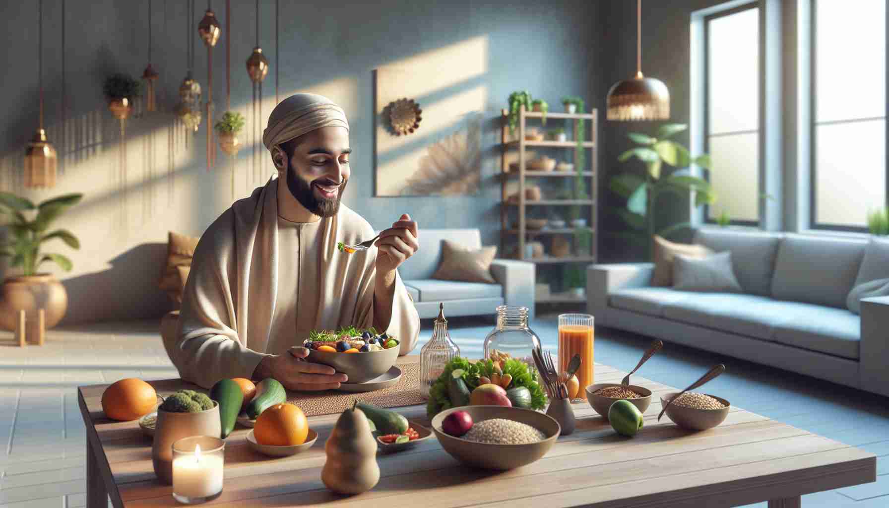 A high-definition, realistic image illustrating the concept of mindful eating for enhanced well-being. Display an individual of Middle-Eastern descent, sitting in a peaceful environment and taking a moment to appreciate before they eat. They're consuming a balanced meal filled with a variety of fruits, vegetables, and whole grains. This dining space is adorned with elements that exude tranquility, like soft lighting, calming colors, and minimalistic decor. The person's demeanor should exhibit joy and relaxation, embodying the positive impact mindful eating has on mental health.